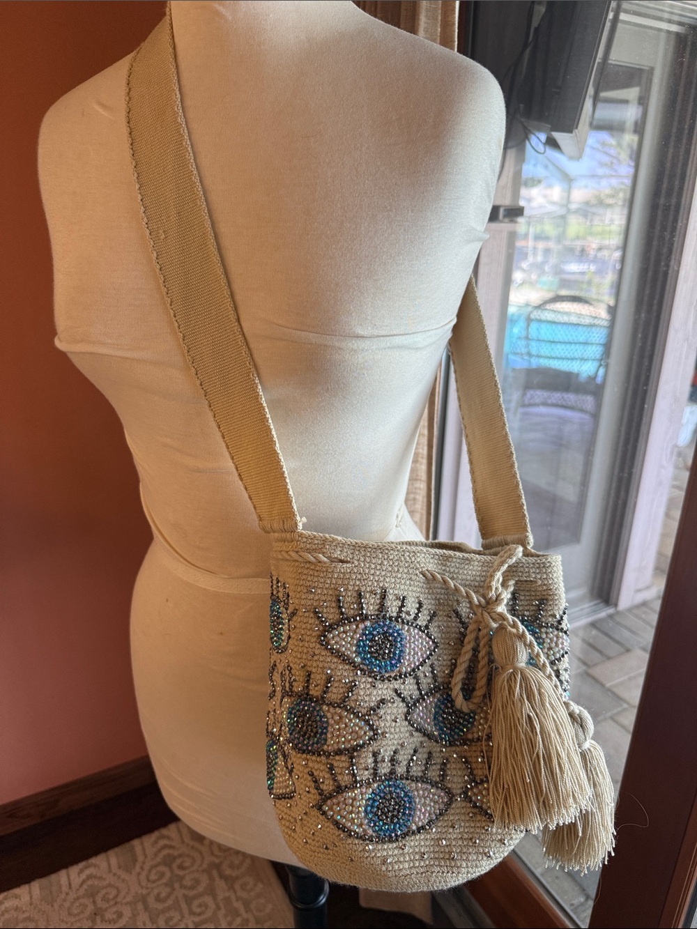 Beaded Eye Pattern Crossbody Bag in Natural